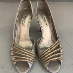 Pewter metallic open toed heels